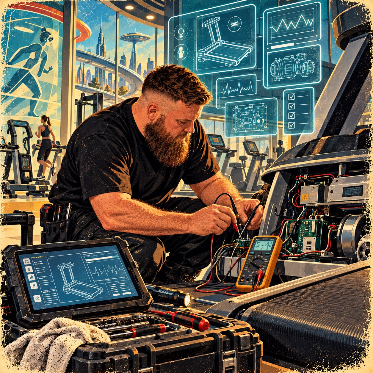 Retro-futurist painting: probing a treadmill's control electronics with a multimeter, a rugged tablet showing the machine's diagram beside the open tool case