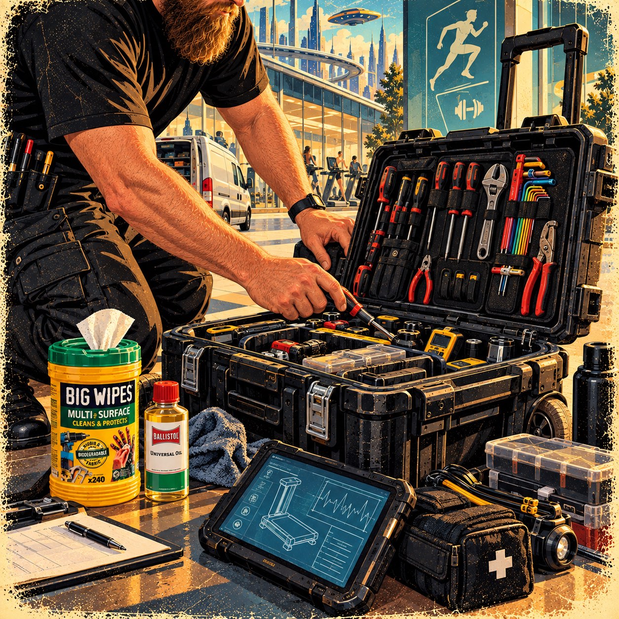 Retro-futurist painting: packing a rolling tool case of drivers, pliers and hex keys, Big Wipes and Ballistol beside it, the van and gym behind