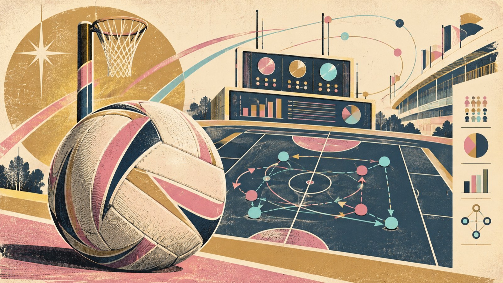 Retro poster illustration: a netball beside the post, a court marked with passing plays, and a scoreboard of charts in pink, gold and navy