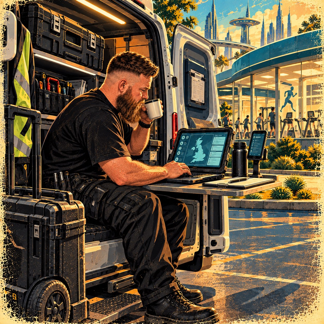 Retro-futurist painting: sitting in the open side door of the service van with a coffee, working on a rugged laptop showing a UK map, the gym across the car park