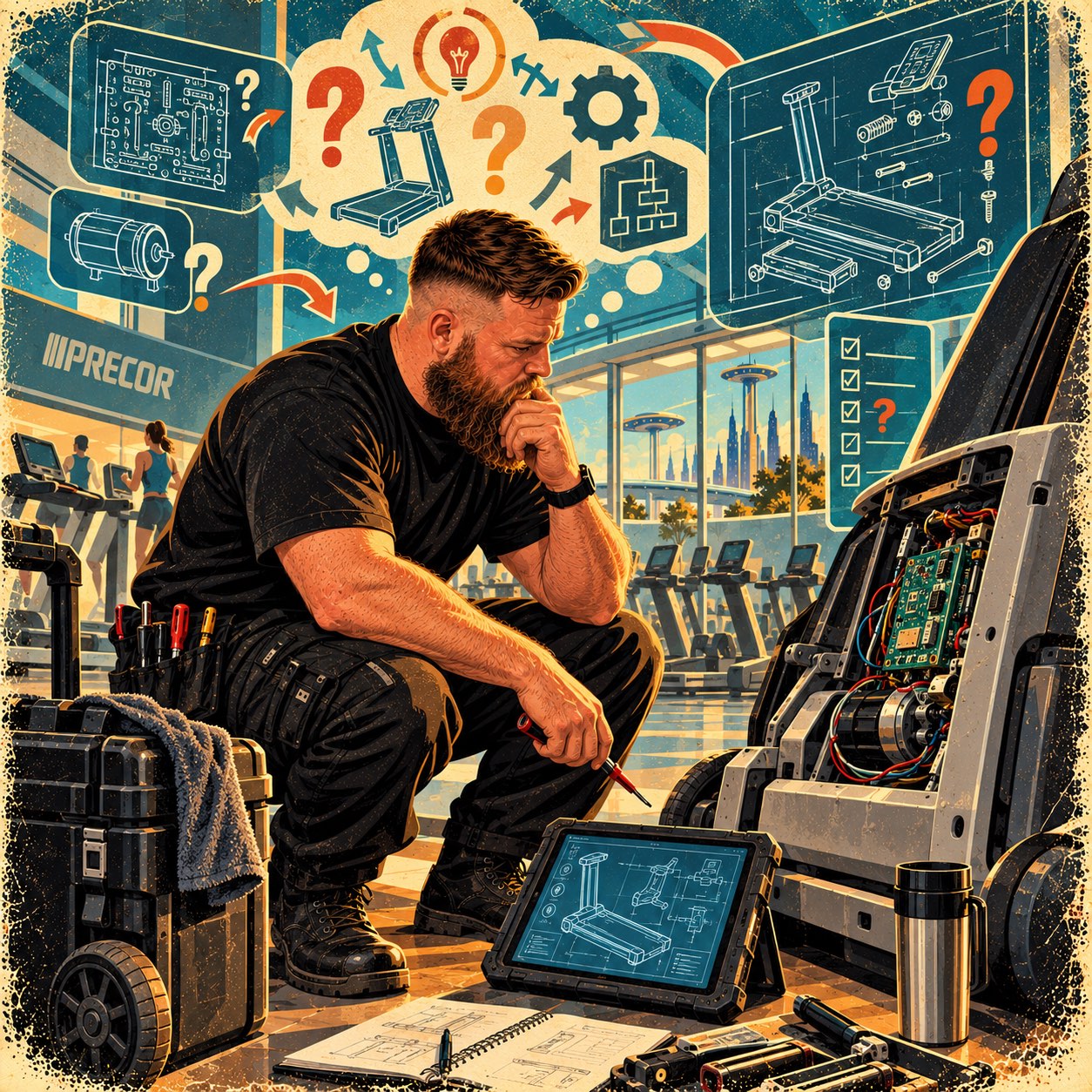 Retro-futurist painting: crouched beside an opened treadmill, chin in hand, working through a fault — question marks, blueprints and a checklist in the air above