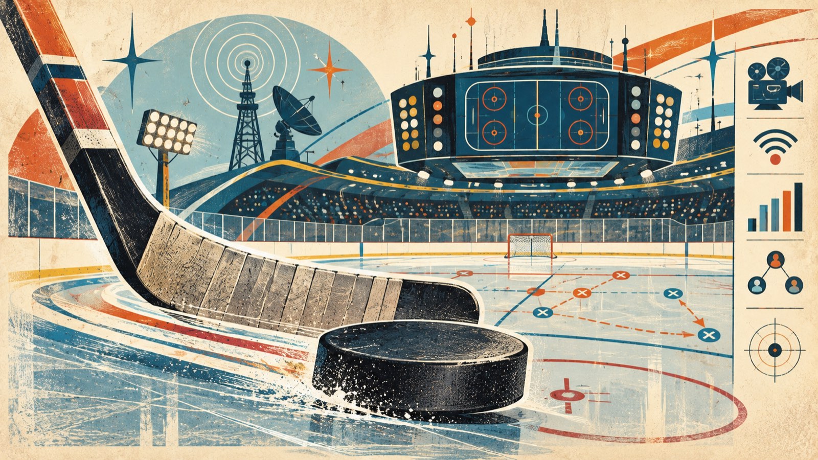 Retro poster illustration: a hockey stick and puck on the ice, a rink diagram of plays, and an arena scoreboard with broadcast and media icons