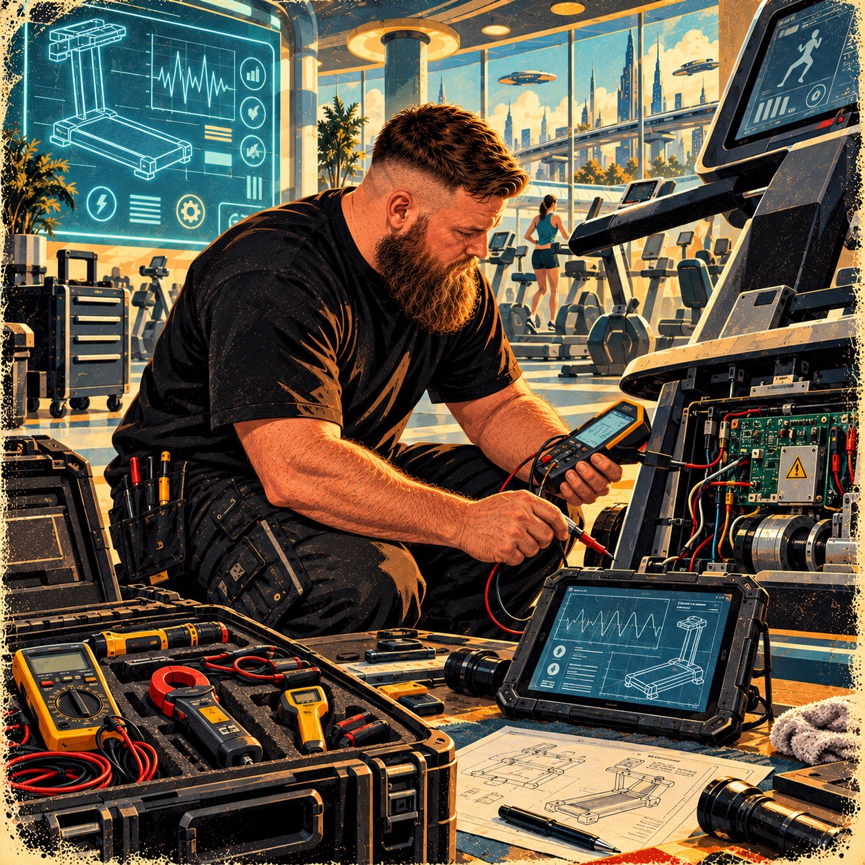 Retro-futurist painting: reading a handheld meter against an exposed treadmill board, a case of multimeters and clamp meters open on the floor