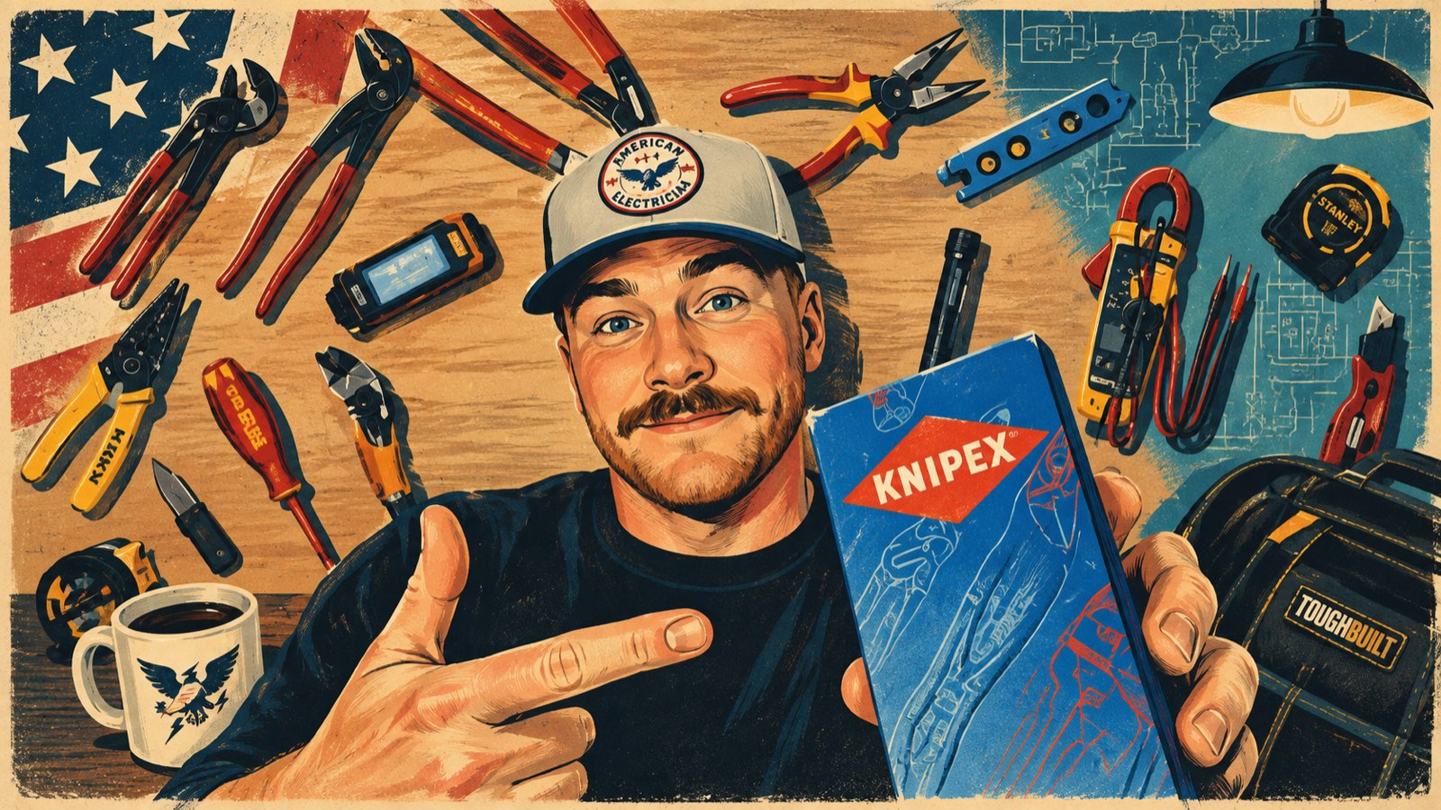 Retro poster illustration of the American Electrician in a cap, pointing at a box of Knipex pliers, surrounded by pliers, a clamp meter, a tape measure and a tool bag