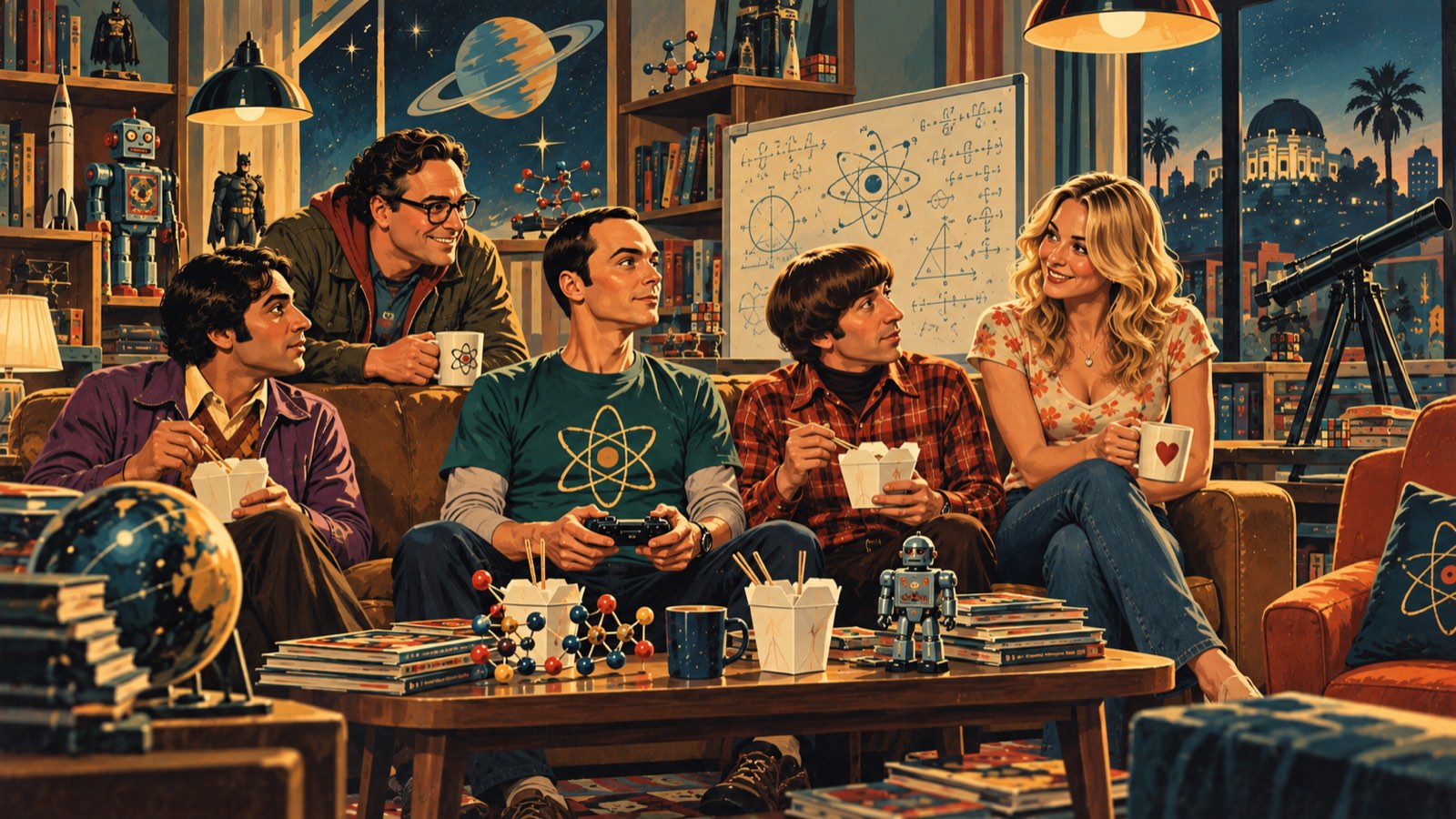 Retro illustration of the Big Bang Theory characters on a sofa with takeaway cartons, a games controller, a whiteboard of equations, model rockets and a telescope