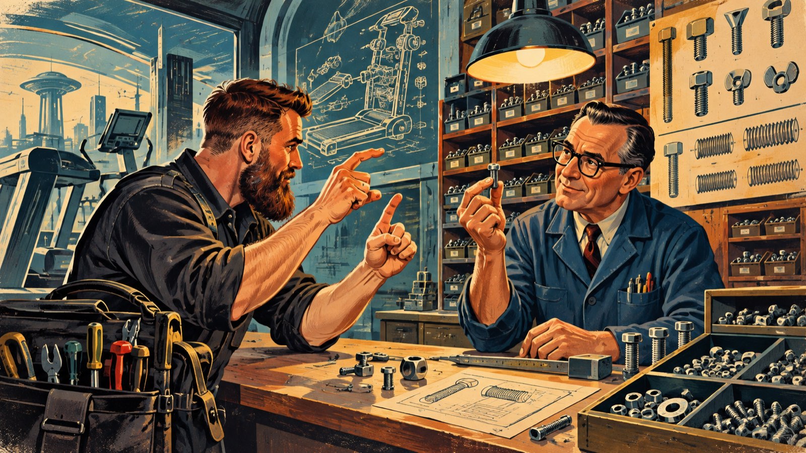 Retro illustration: describing a bolt with hand gestures across a trade counter while the man behind it holds up exactly the right one, drawers of fasteners behind him
