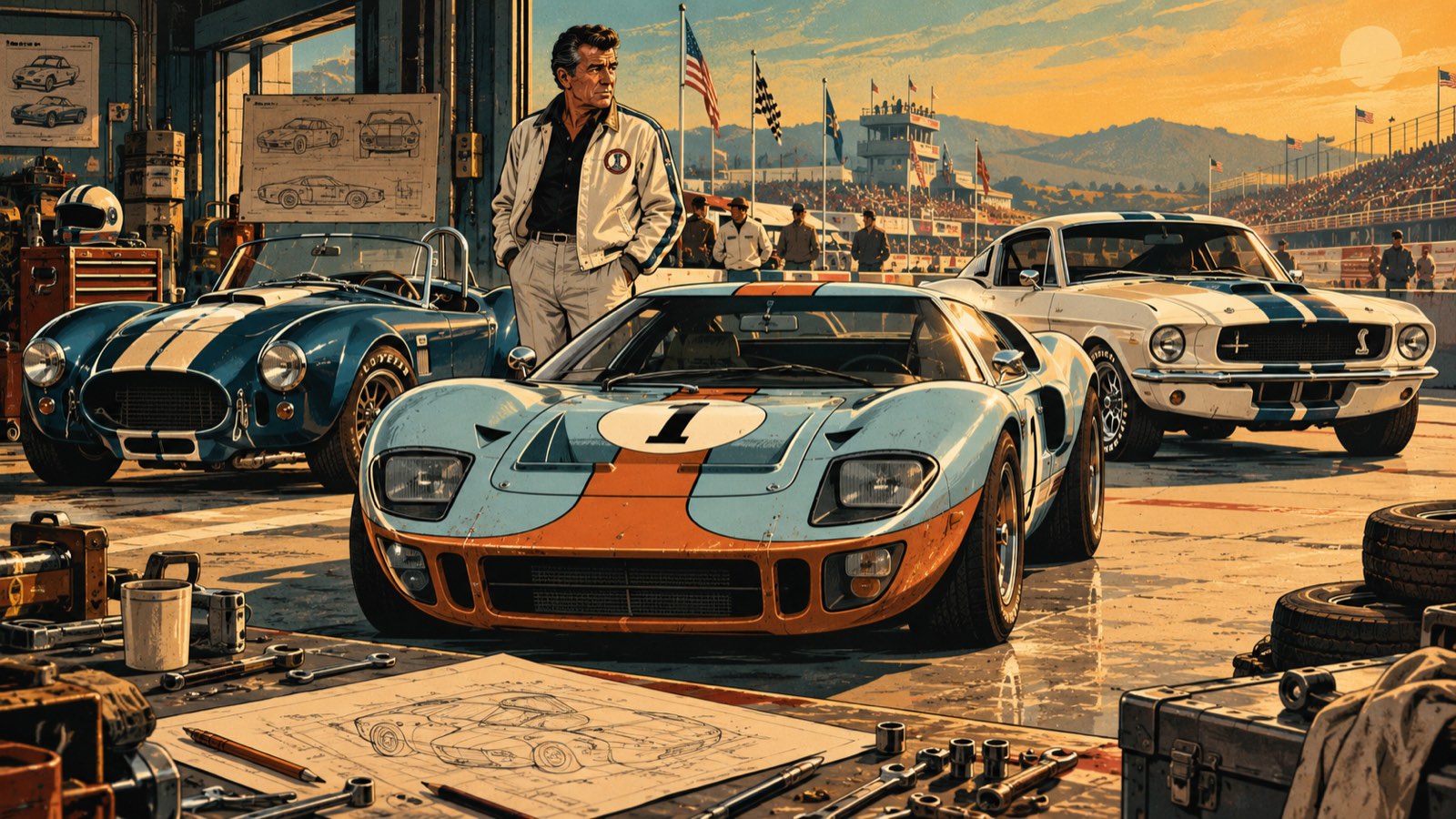 Retro illustration of the Shelby workshop: a Cobra, a GT40 in Gulf colours and a striped Shelby Mustang outside the garage doors, Carroll Shelby standing between them, blueprints and spanners in the foreground and a packed grandstand beyond