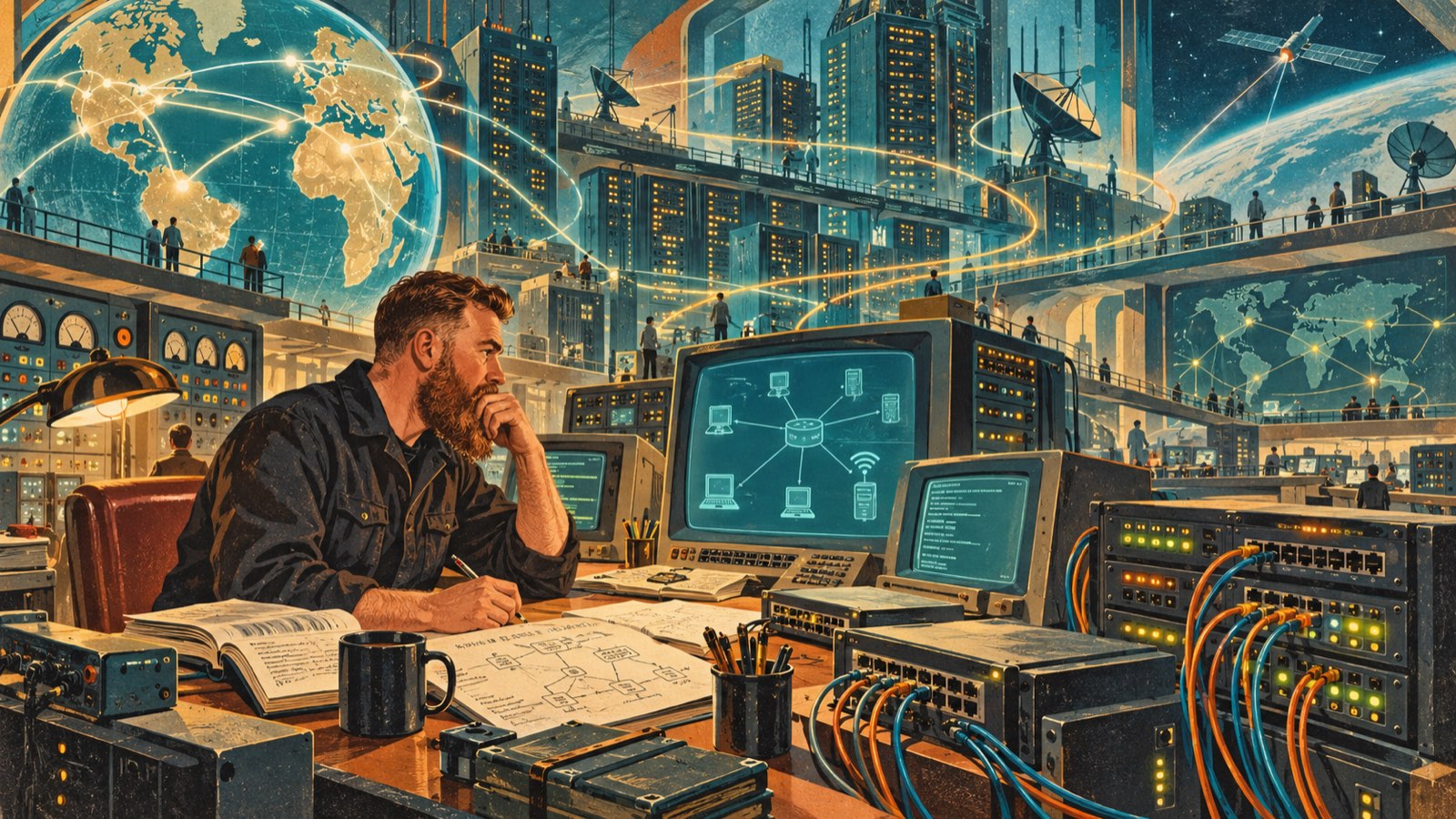 Retro-futurist painting: studying at a desk of network diagrams and notes, a CRT showing a network topology, switches and patch cables glowing beside it, a globe of connections overhead