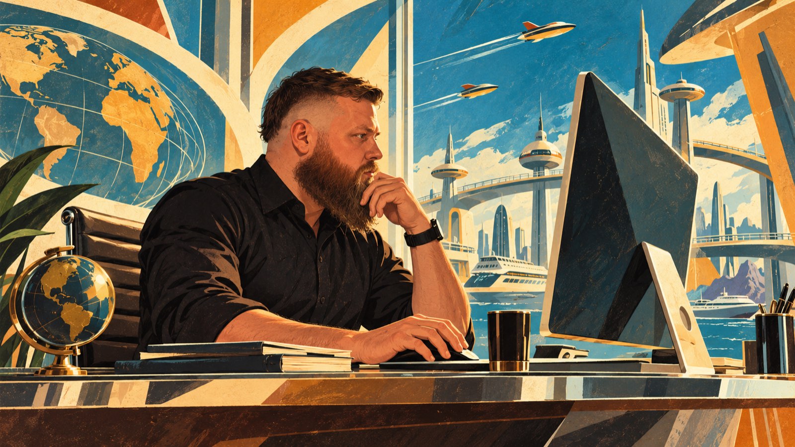 Retro-futurist painting: a man at a desk studying a monitor, globes and reference books beside him, a harbour city of bridges and airships through the window