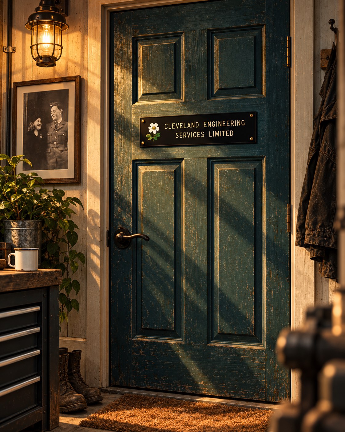 A workshop door painted dark green with a black sign reading Cleveland Engineering Services Limited and a small white daisy, an old photograph of Grandpa and Grandma on the wall beside it