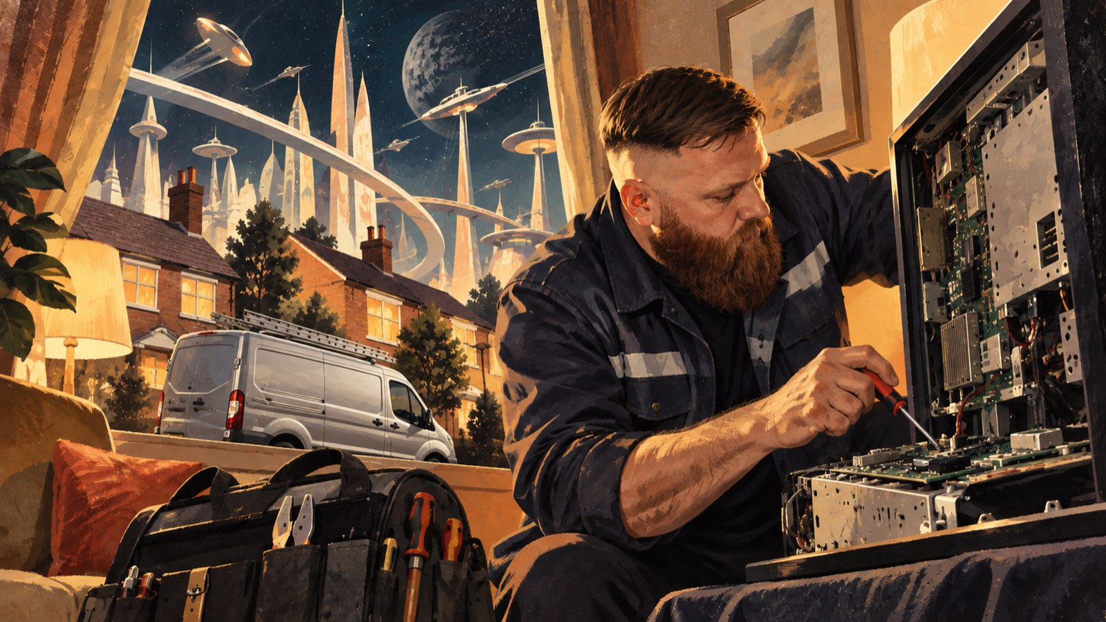 Retro-futurist painting: an engineer working on an opened television chassis in a living room, tool bag in the foreground, van outside and a science-fiction skyline beyond the window