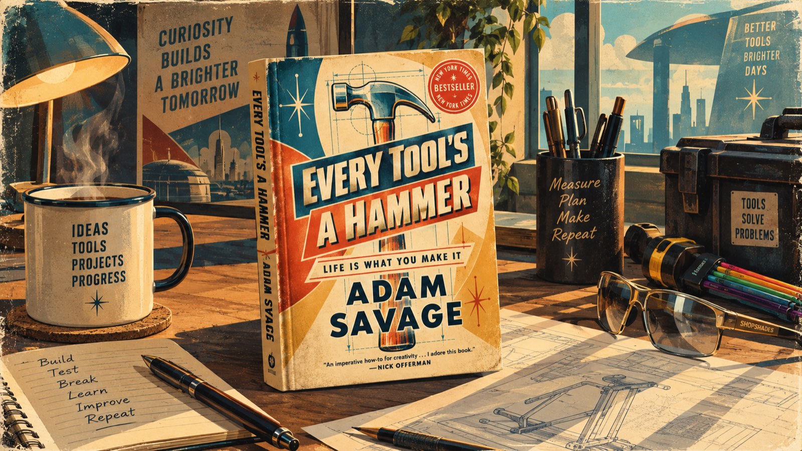 Retro illustration of Every Tool's a Hammer by Adam Savage standing on a maker's desk beside a steaming mug, notebook, safety glasses and a tool box