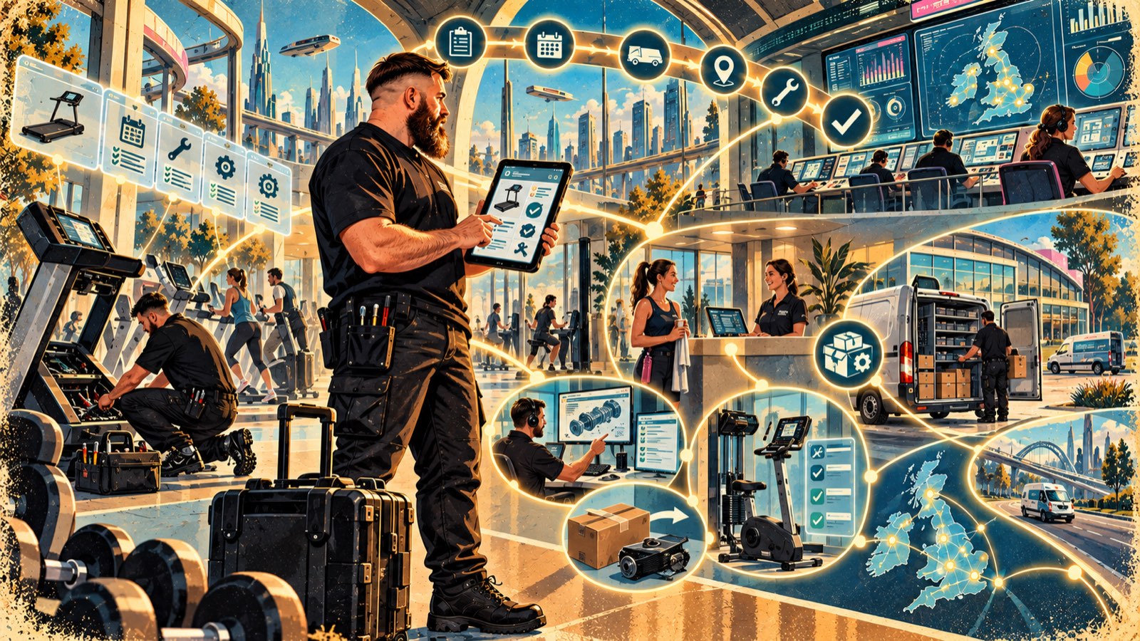 Retro-futurist painting: an engineer with a tablet at the centre of a connected service operation — job steps, a coordination room, reception, parts, the van and a UK map, all linked by one glowing workflow
