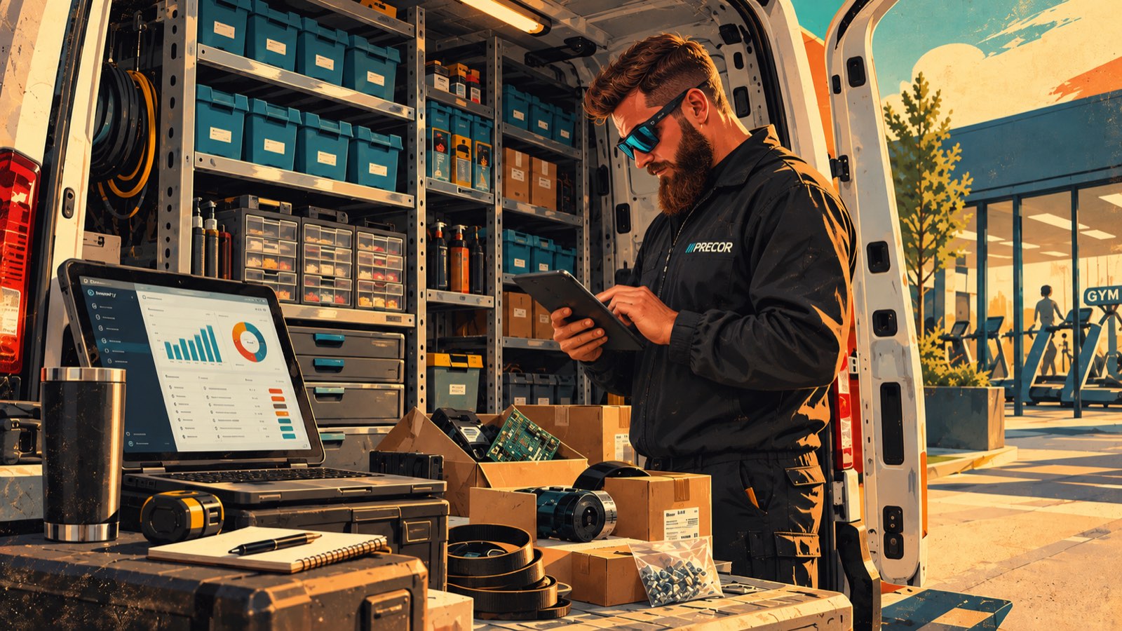 Working out of the back of the van: labelled stock bins and parts drawers on the shelves, a laptop open on the tailgate showing usage charts, boxed parts and a bag of fasteners on the bench, and a gym across the car park