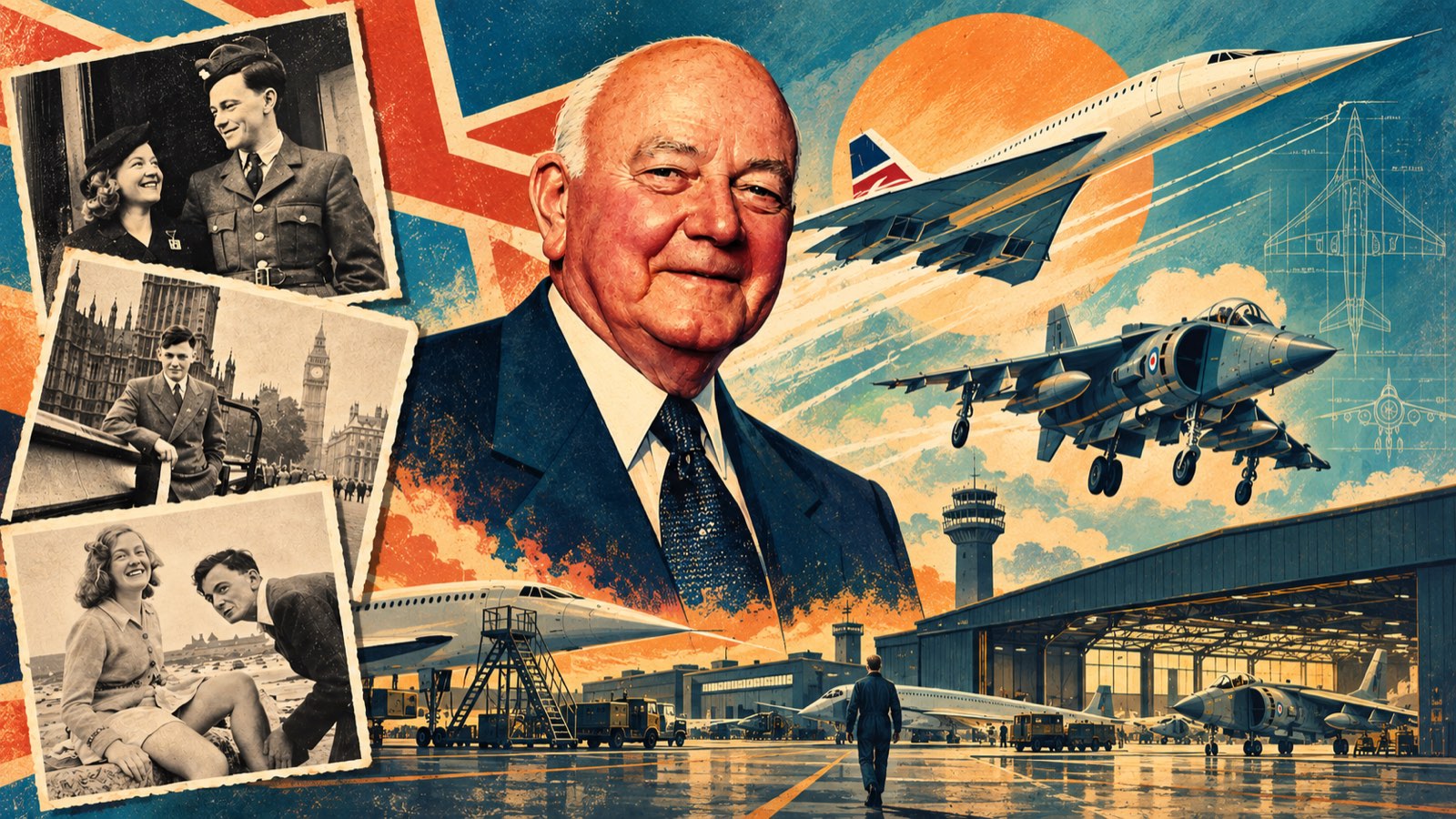 Retro illustration tribute to Anthony Cleveland: his smiling portrait in a suit, surrounded by old family photographs, with Concorde and a Harrier jump jet flying over an airfield and hangar