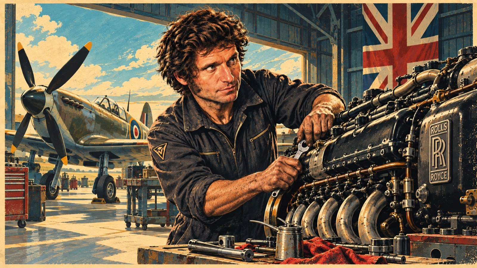 Retro illustration of Guy Martin in overalls working on a Rolls-Royce aero engine with a spanner, a Spitfire parked in the hangar behind him