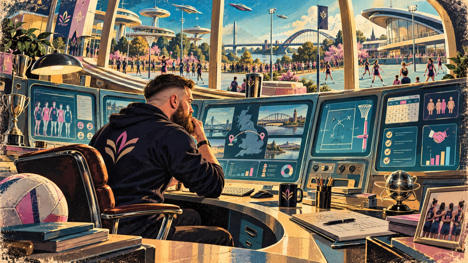 Retro-futurist painting: a club control room of netball dashboards — squad lists, fixtures, a court diagram and sponsor records — with courts and a river town through the windows, in G&W's pink, gold and navy
