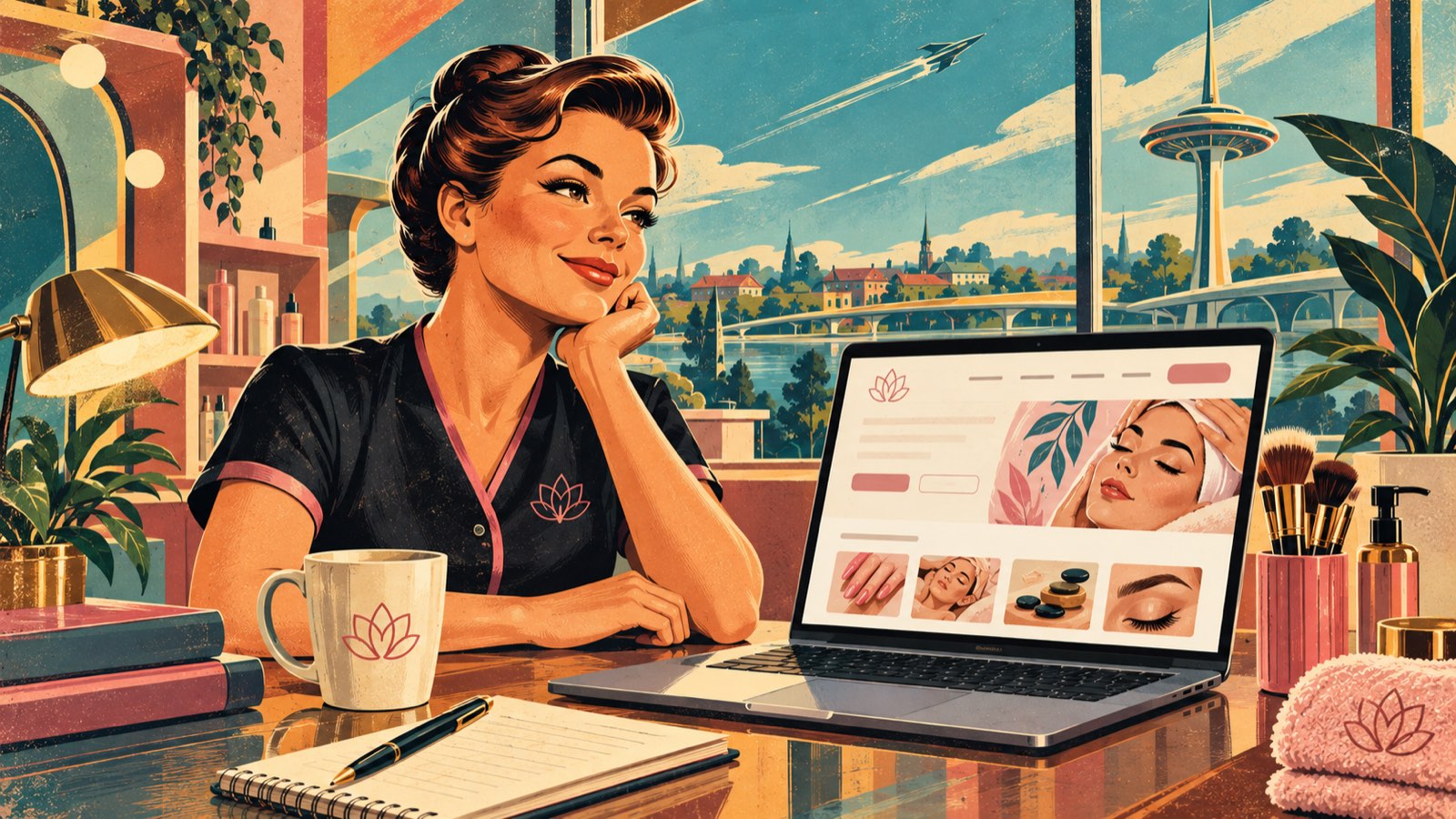 Retro-futurist painting: a salon owner at her desk smiling at a laptop showing a beauty salon website, with treatments, brushes and a lotus-logo mug around her and a futuristic town through the window