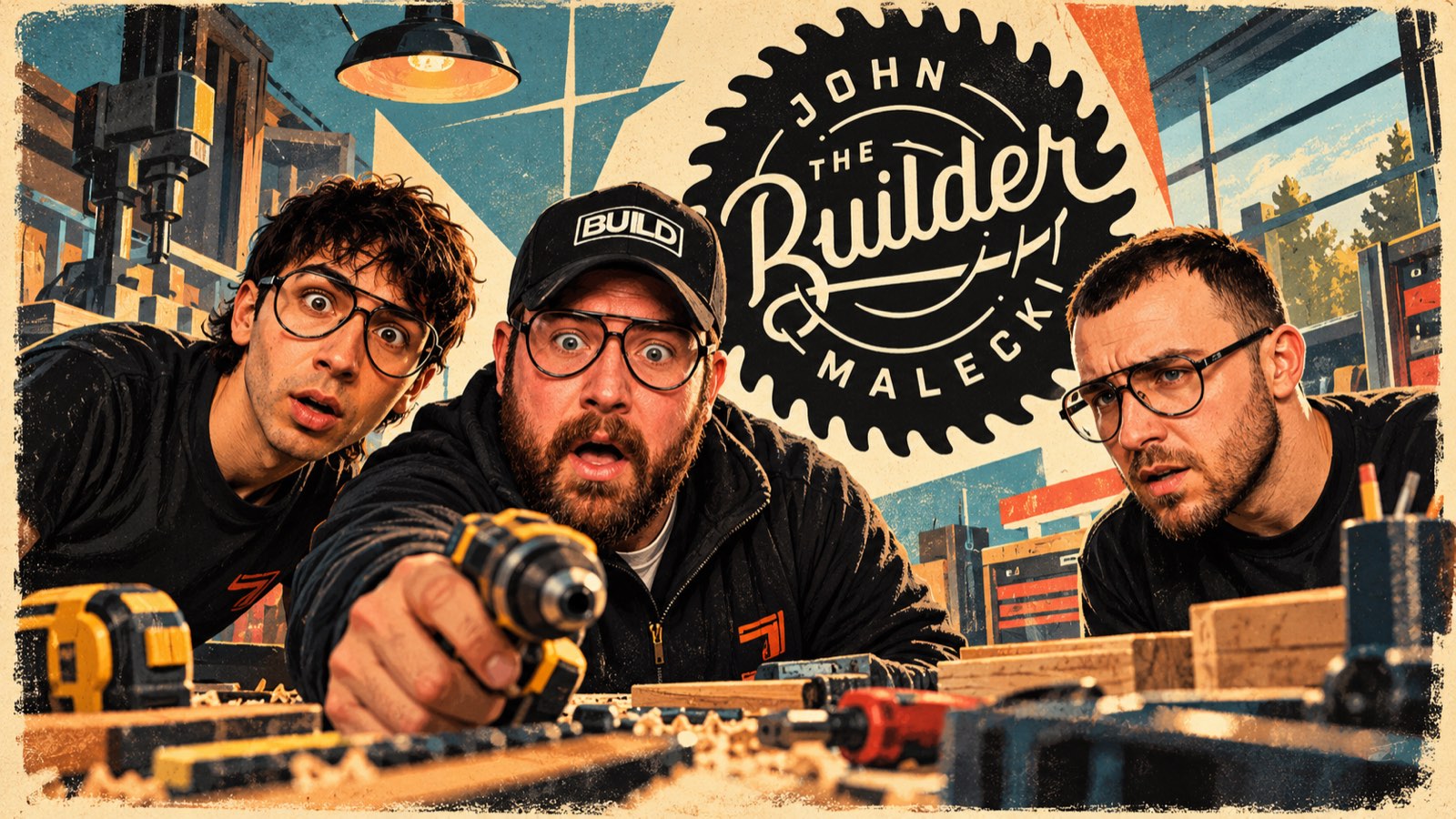 Retro poster illustration of John Malecki and two workshop crew members leaning over a bench with a drill, wood offcuts and tools, a circular saw-blade logo behind them