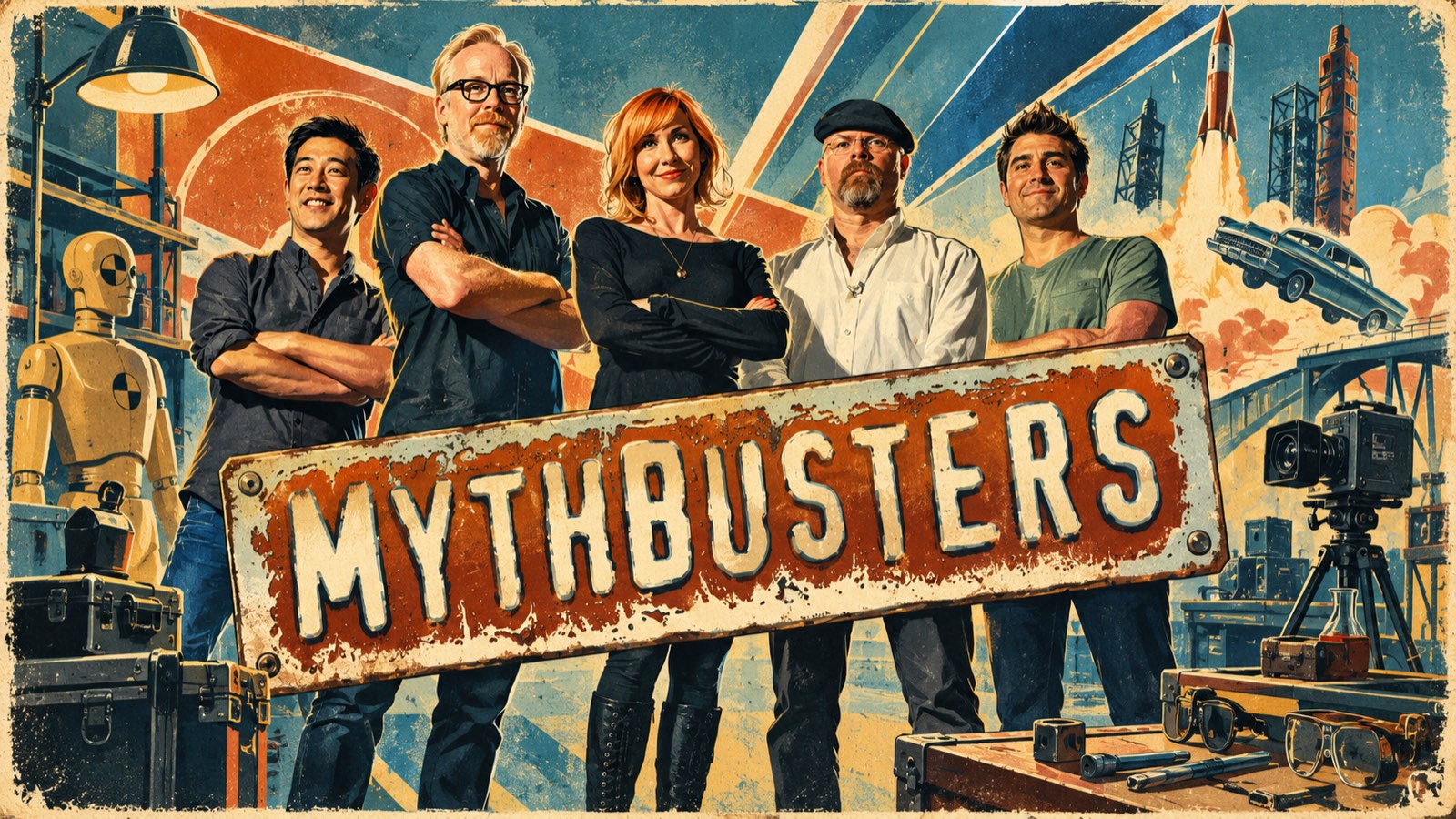 Retro poster illustration of the MythBusters team standing behind a rusty MythBusters sign, with a crash test dummy, a rocket launch and a flying car behind them