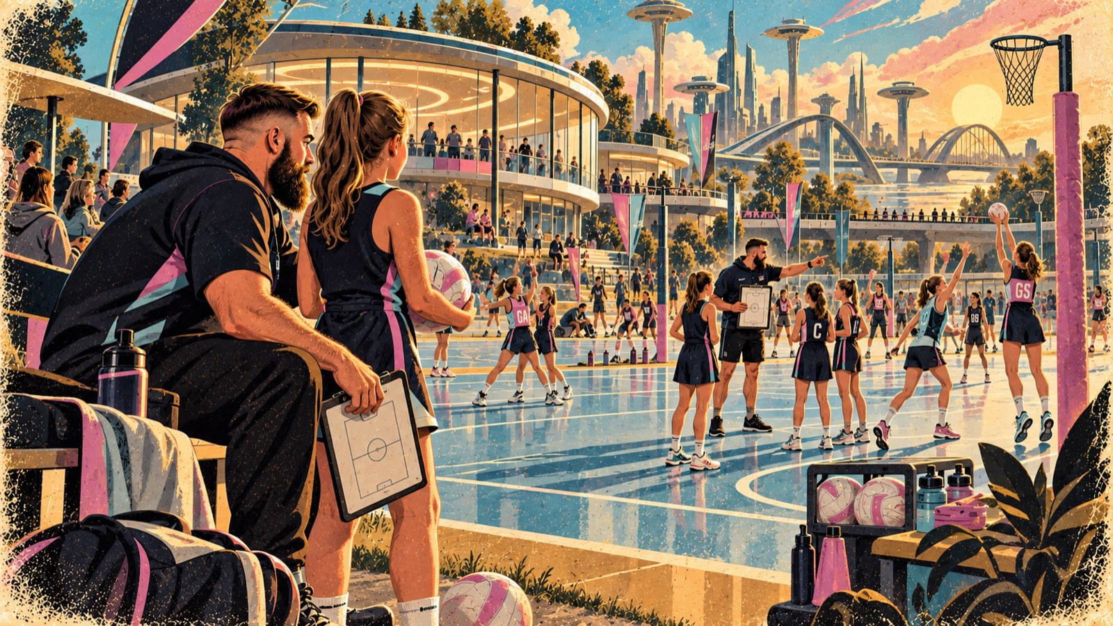 Retro-futurist painting: a coach with a whistle and clipboard beside a young player at the edge of a netball court