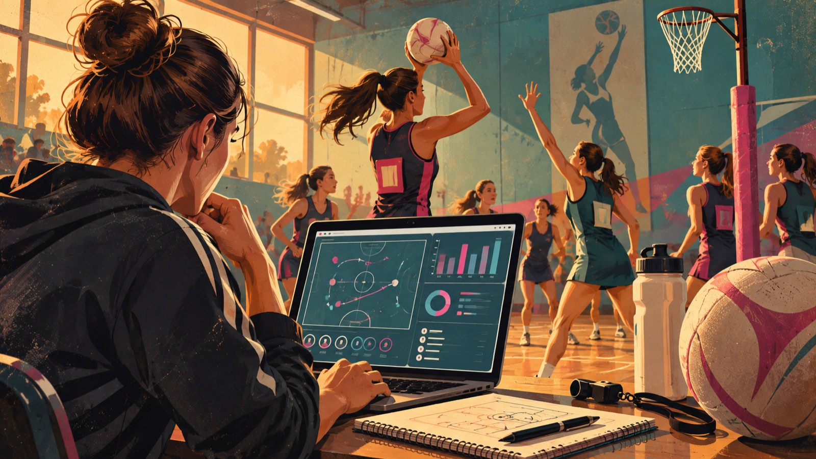 Retro illustration: a coach watching a laptop at the side of a court, one screen half court diagram and half charts, while a shooter lines up behind her and a defender reaches
