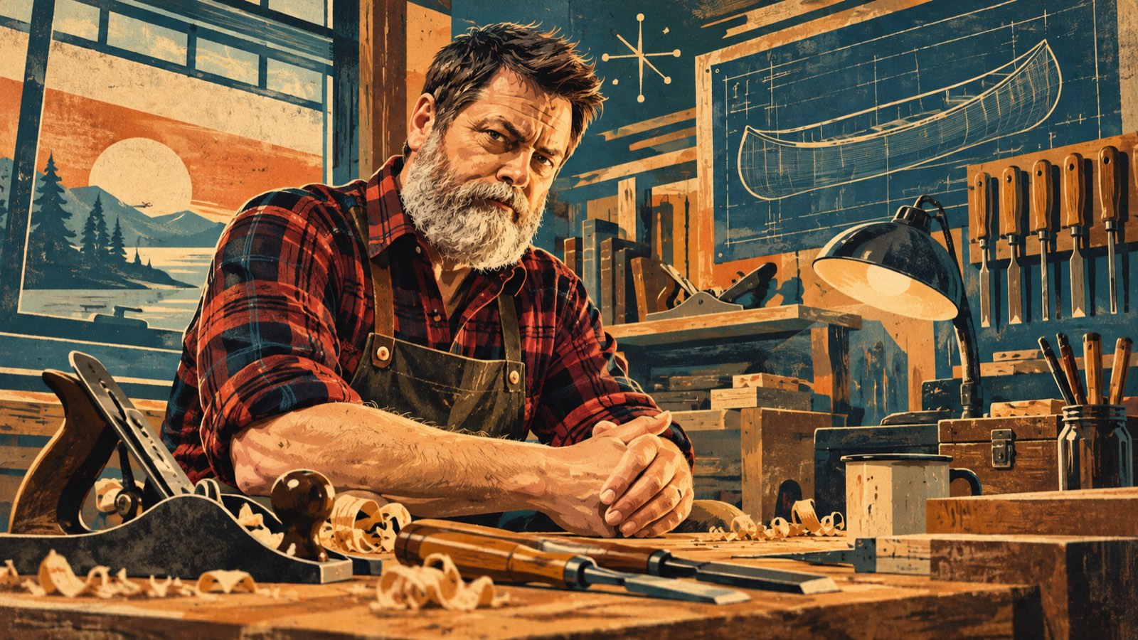 Retro illustration of Nick Offerman in a plaid shirt and apron at a woodworking bench, with hand planes, chisels, wood shavings and a canoe blueprint behind him