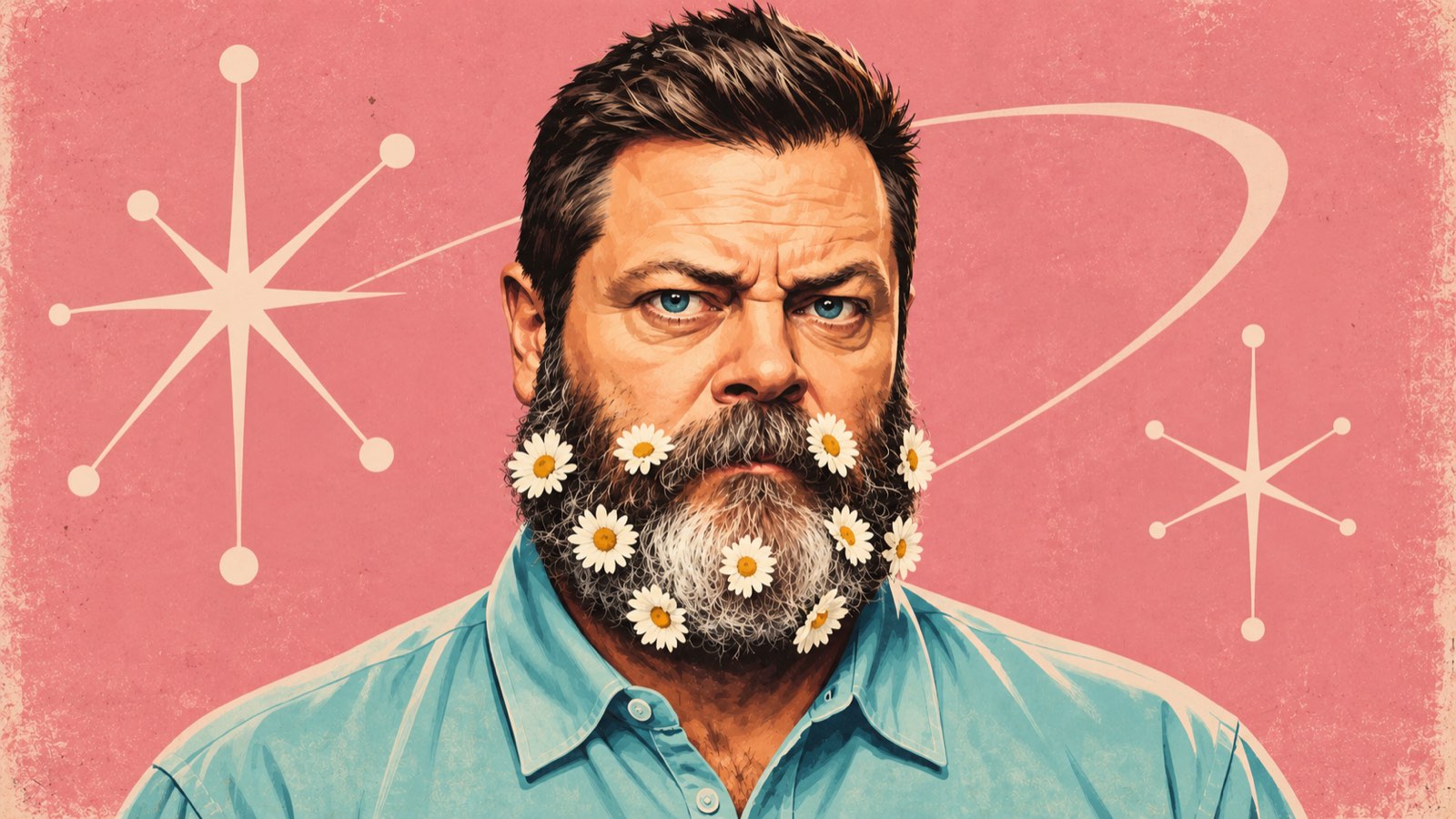 Retro pop-art portrait of Nick Offerman with a stern expression and white daisies tucked into his beard, on a pink background with atomic-age stars