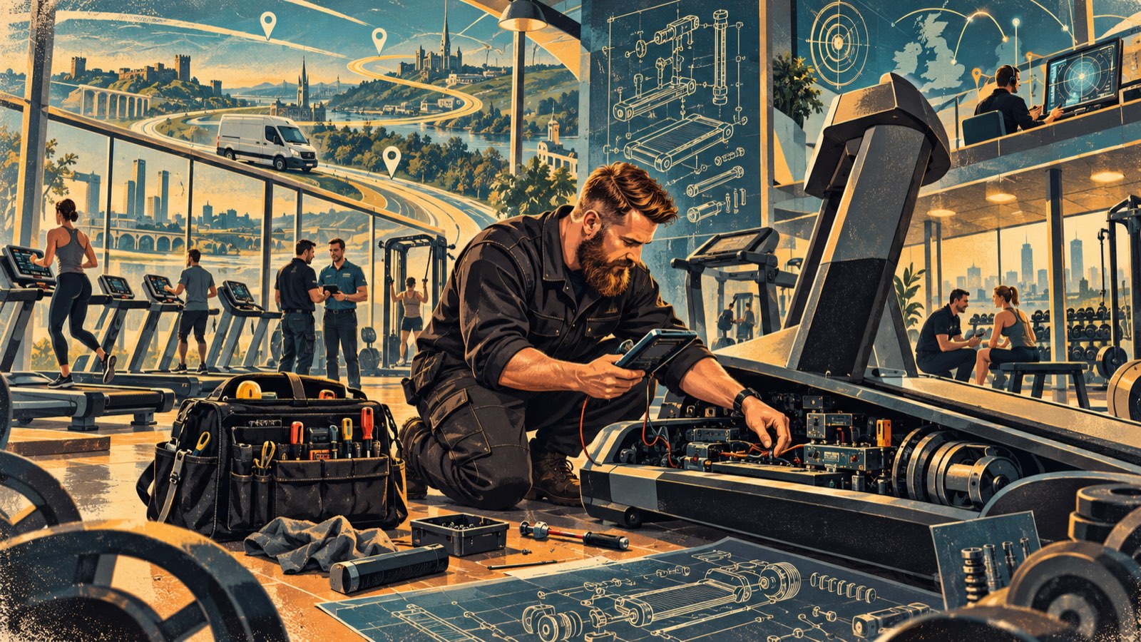 Retro-futurist painting: kneeling beside an opened treadmill with a meter, tool bag and blueprints on the floor, colleagues talking in the gym and a van on the road through the window