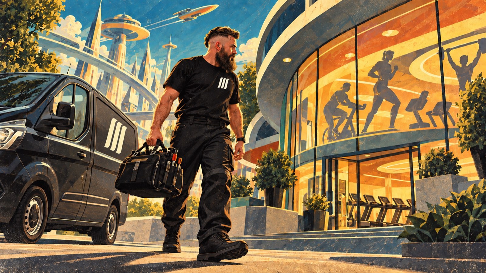 Retro-futurist painting: an engineer carrying a tool bag from a black service van towards a curved glass gym frontage, treadmills visible inside and a science-fiction skyline beyond