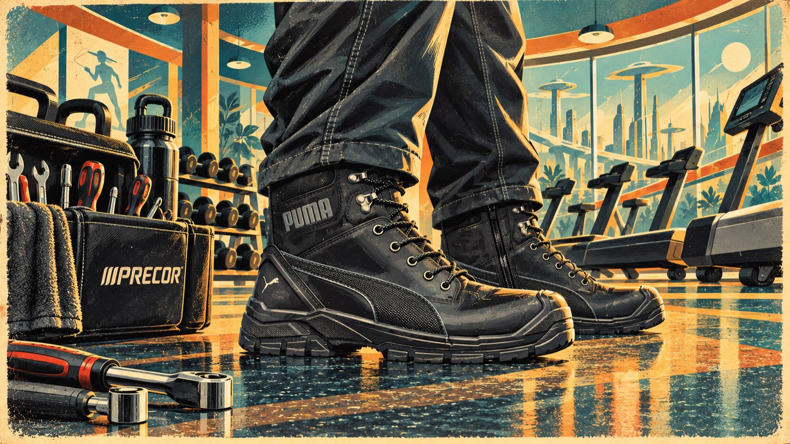 Retro-futuristic illustration of black Puma Conquest High safety boots on a gym floor, a tool bag and treadmills behind