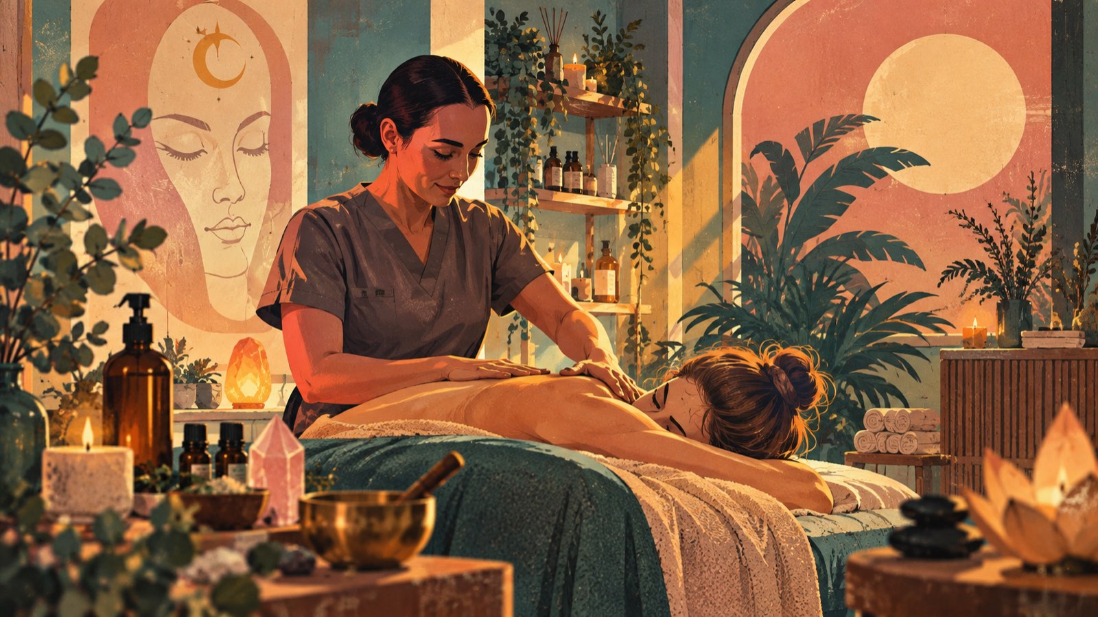 Retro illustration of a Pure Eden treatment: a therapist working on a client's back on a couch, surrounded by plants, candles, crystals, oils and a singing bowl, arched panels behind carrying a crescent moon and a calm face