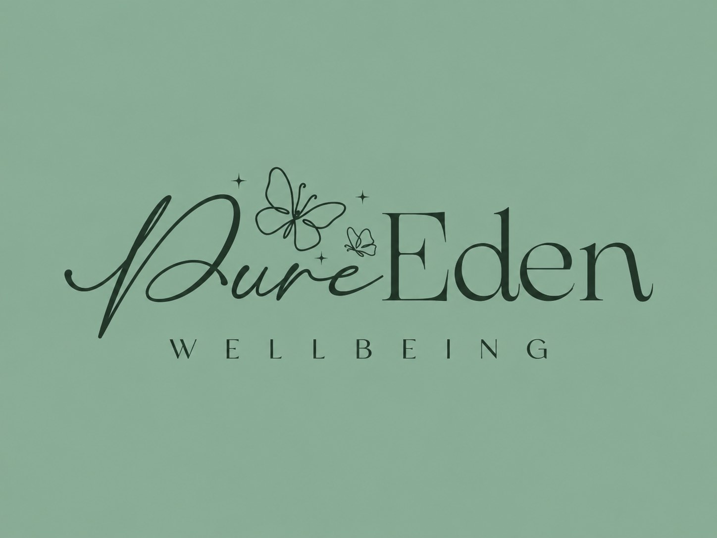The Pure Eden Wellbeing logo — a flowing script and serif wordmark with two fine-line butterflies, dark green on sage