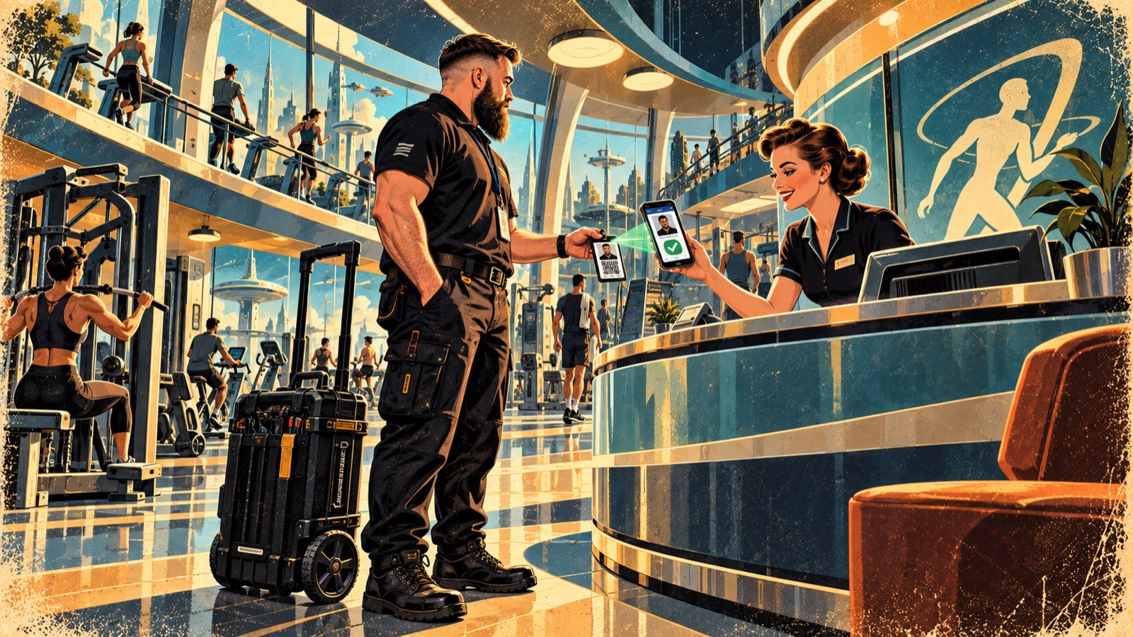 Retro-futurist painting: a field engineer presenting a QR ID card at a gym reception desk while the receptionist scans it and a green tick appears on her phone