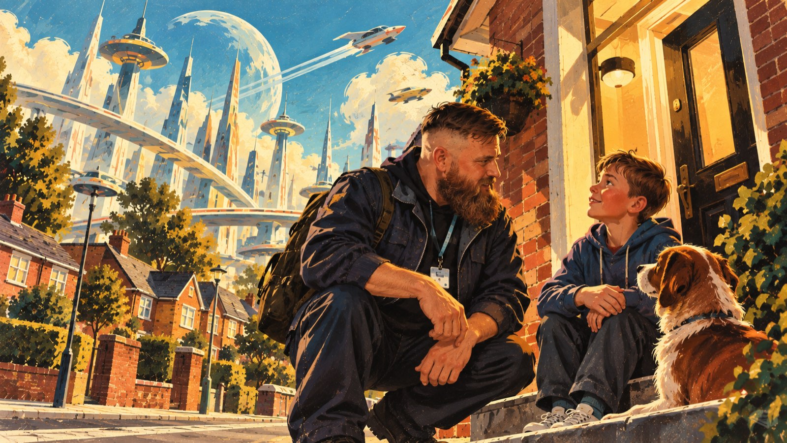 Retro-futurist painting: a support worker sitting on a doorstep talking with a young lad and his dog, terraced street and a science-fiction skyline beyond