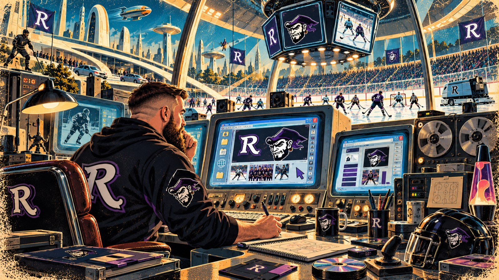 Retro-futurist painting: a Raiders control room of CRT monitors running a Windows-98-style club site, rink and crowd beyond, floppy disks and a lava lamp on the desk