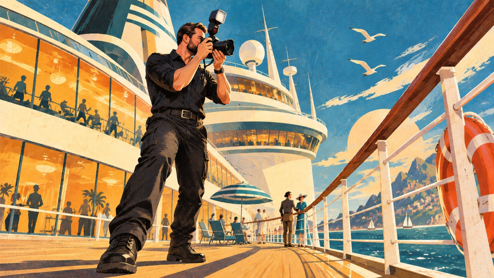 Retro-futurist painting: a photographer on a sunlit cruise deck raising a camera with a flash gun, superstructure and coastline beyond, seagulls overhead