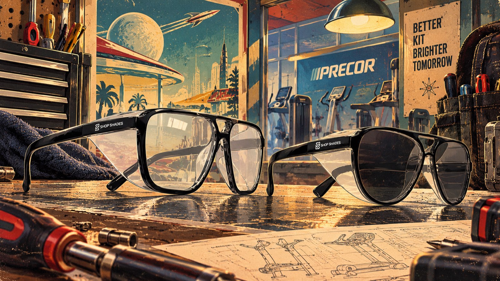 Two pairs of Shop Shades safety glasses on a workbench, clear and tinted, tools and a retro-futurist workshop poster behind