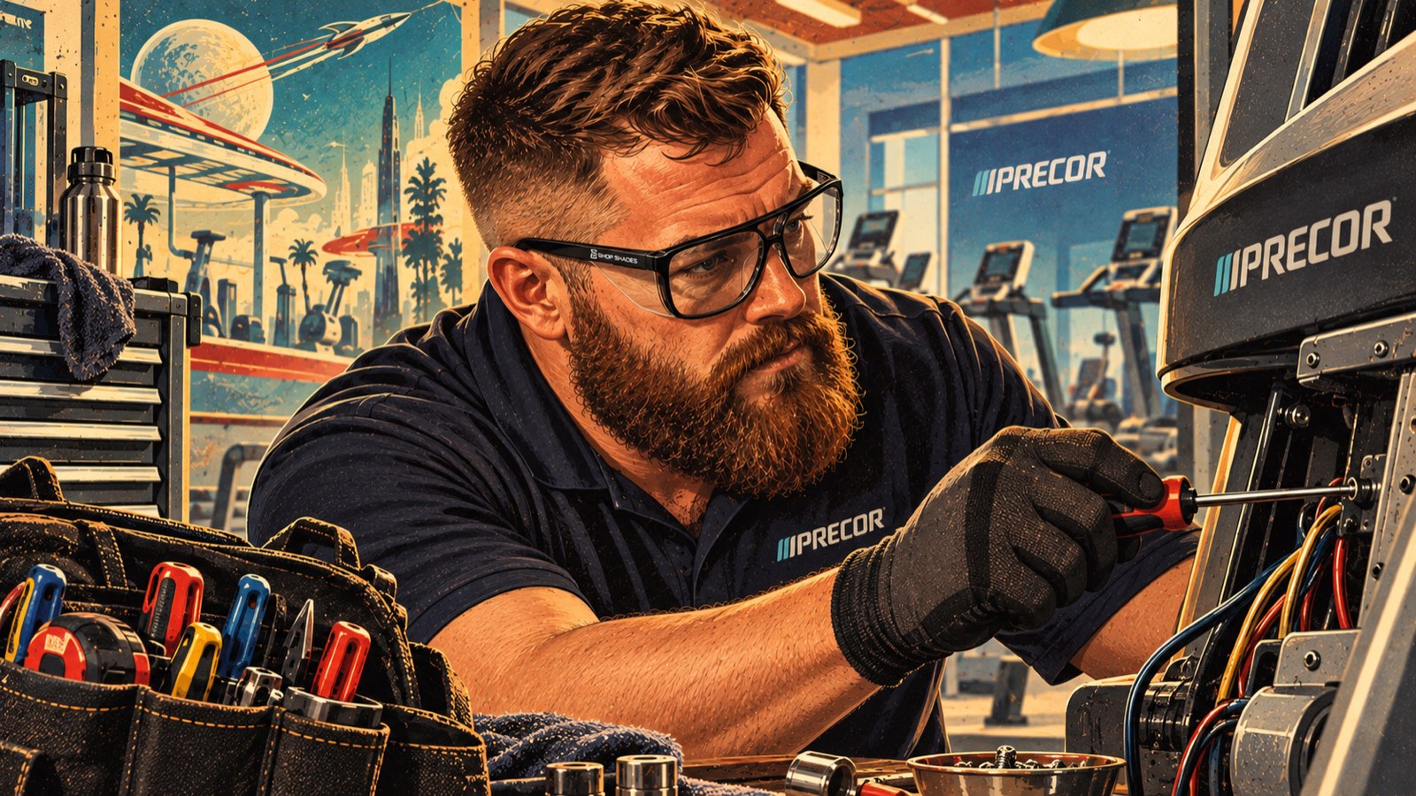 Wearing the Shop Shades while working on a treadmill console, tool bag in the foreground