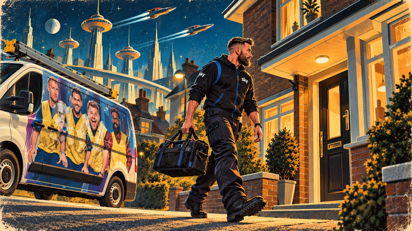 Retro-futurist painting: a Sky engineer in branded workwear carrying a tool bag up a driveway to a lit front door at night, liveried van with ladders behind and a science-fiction skyline above the rooftops