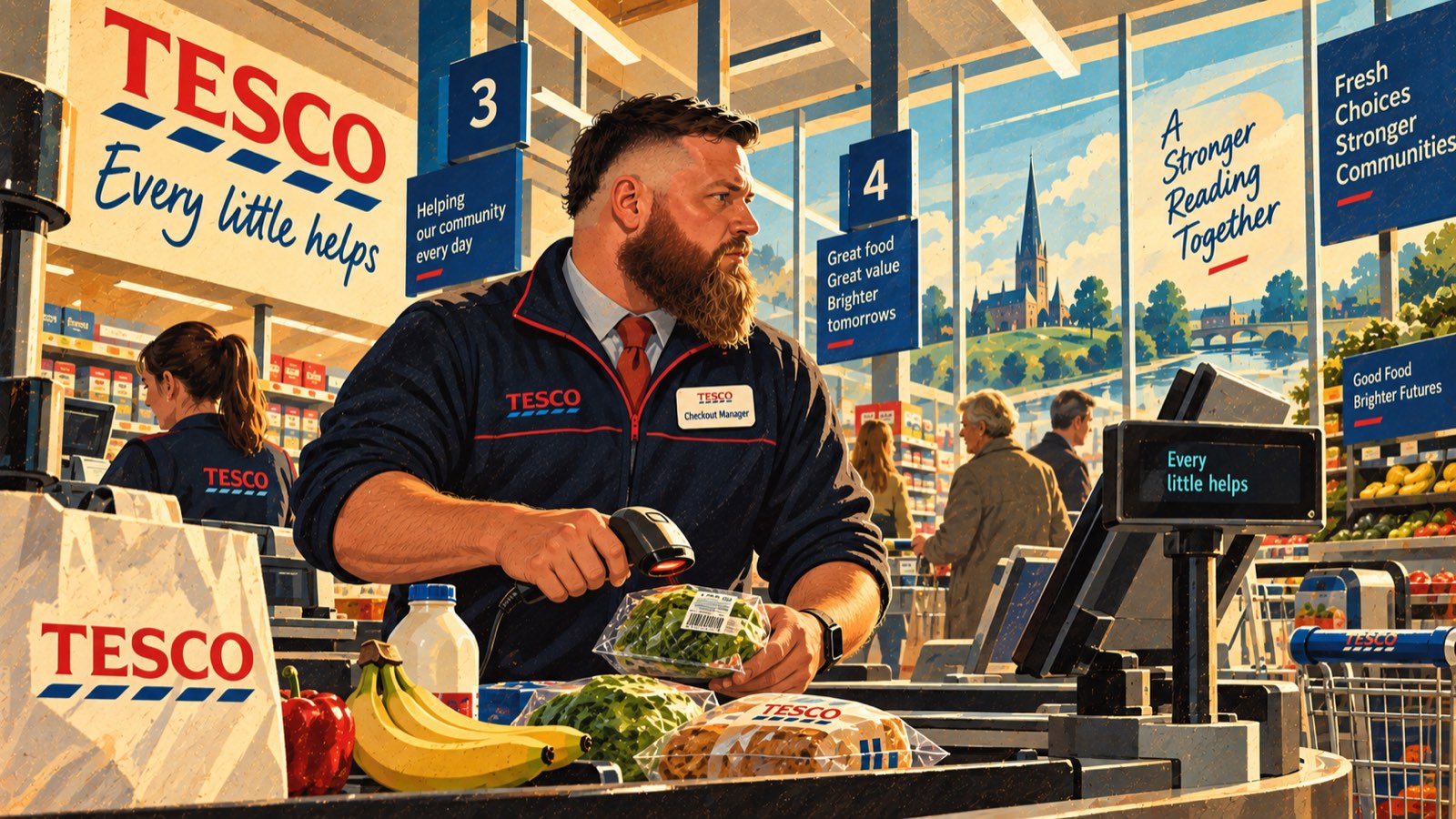 Illustration of a supermarket checkout manager scanning an item at the till, colleagues and customers behind, store signage overhead
