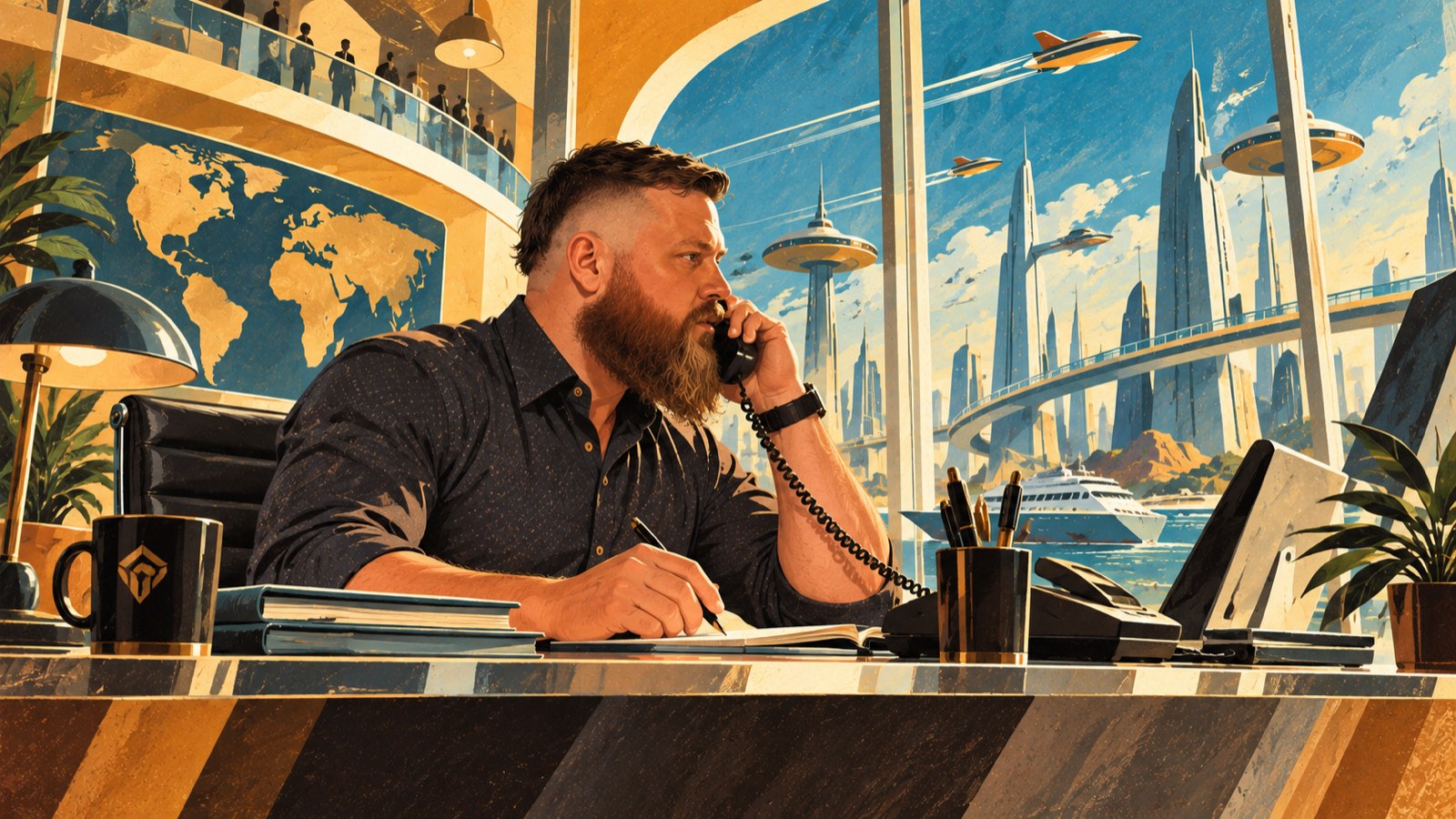 Retro-futurist painting: a man on the telephone at a desk taking notes, world map behind him and a harbour city of bridges and airships through the window