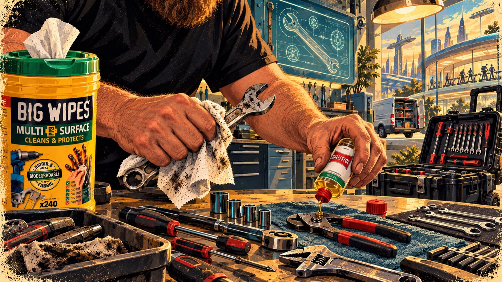 Retro-futurist painting: wiping grime off a spanner with a Big Wipes cloth in one hand while applying Ballistol oil to pliers with the other, tools laid out on the bench