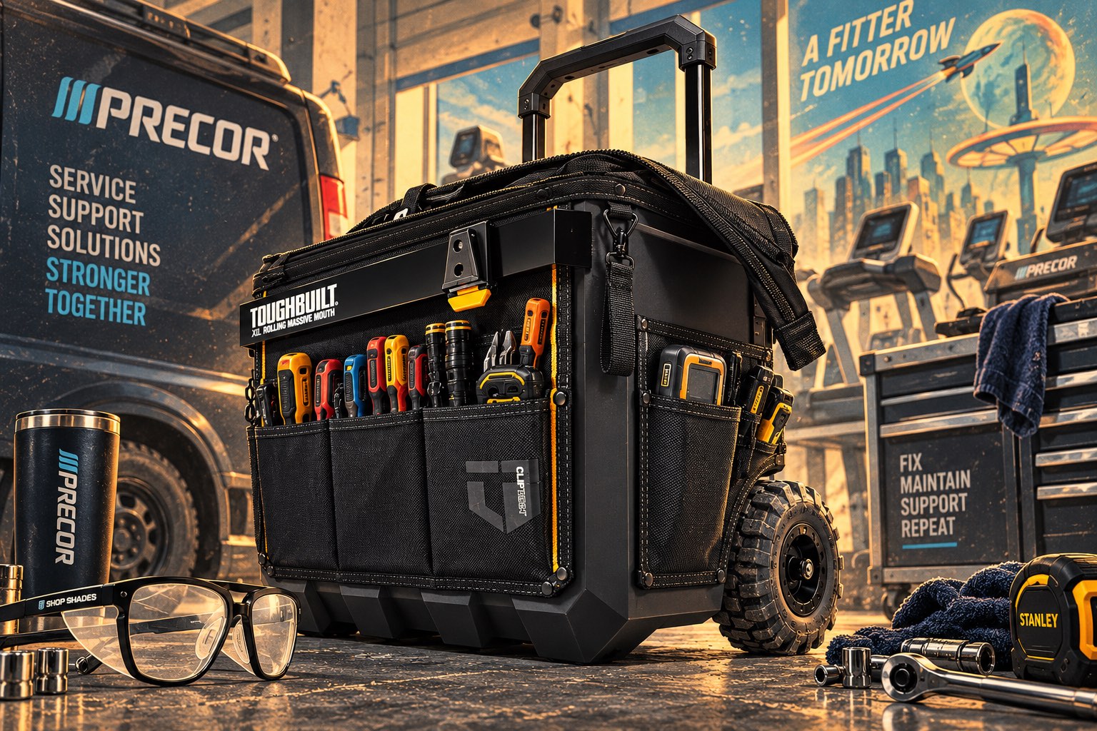 The ToughBuilt XL Rolling Massive Mouth bag closed on a gym floor, front pockets loaded with drivers and pliers, service van and treadmills behind