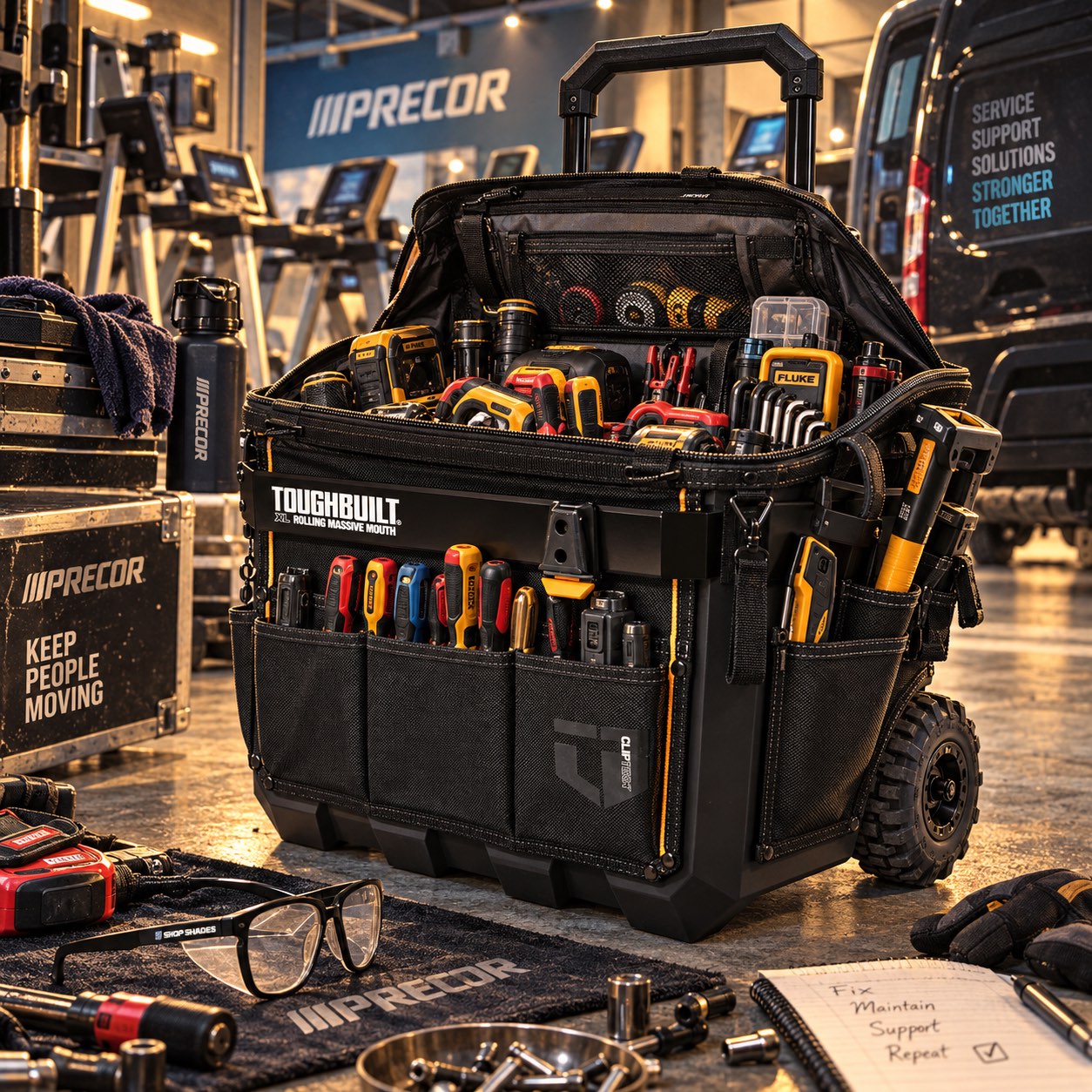 The bag open on a gym floor, the full width of the mouth showing tools stood upright inside