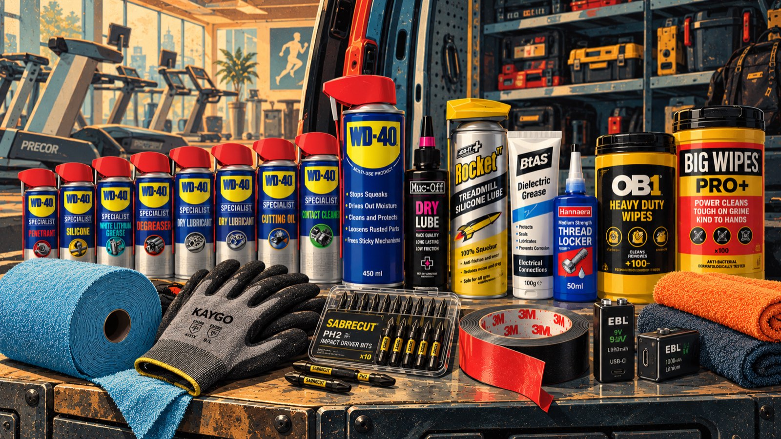 Retro illustration of van consumables on a workbench: a row of WD-40 Specialist cans, dry lube, treadmill silicone lubricant, dielectric grease, thread locker, heavy-duty wipes, gloves, PH2 bits, tape and 9V batteries, with treadmills behind