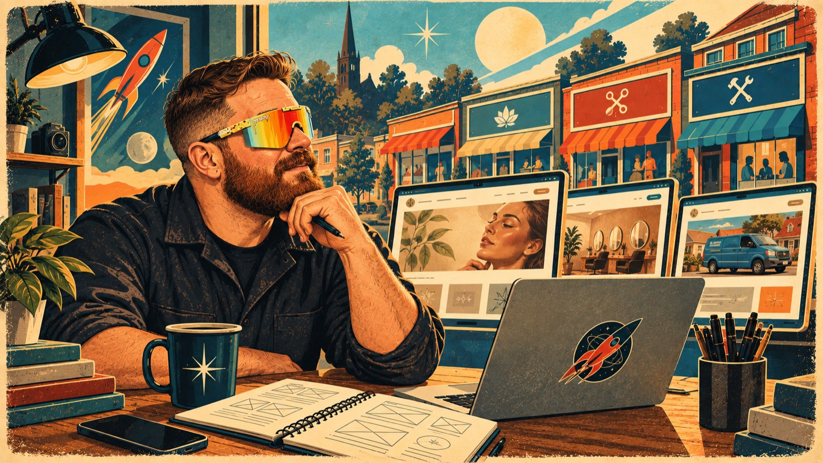 Retro illustration of Lewis in sunglasses at a desk, thinking, with a laptop, a notebook of wireframes and screens showing three different small-business websites in front of a row of independent shops
