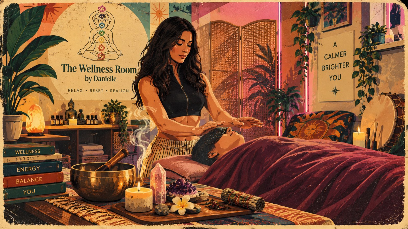 Retro illustration of The Wellness Room by Danielle: a therapist giving an energy treatment to a client under a blanket, surrounded by plants, crystals, candles, a singing bowl and a chakra poster