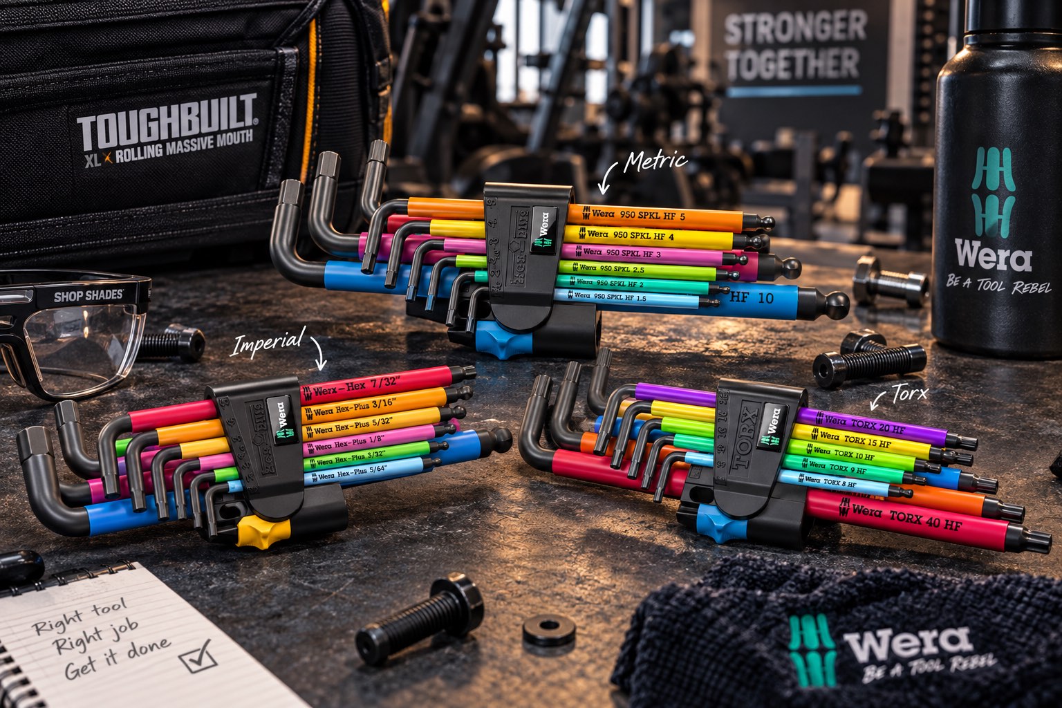 Three Wera multicolour L-key sets on a bench — metric, imperial and TORX — labelled, with the tool bag behind
