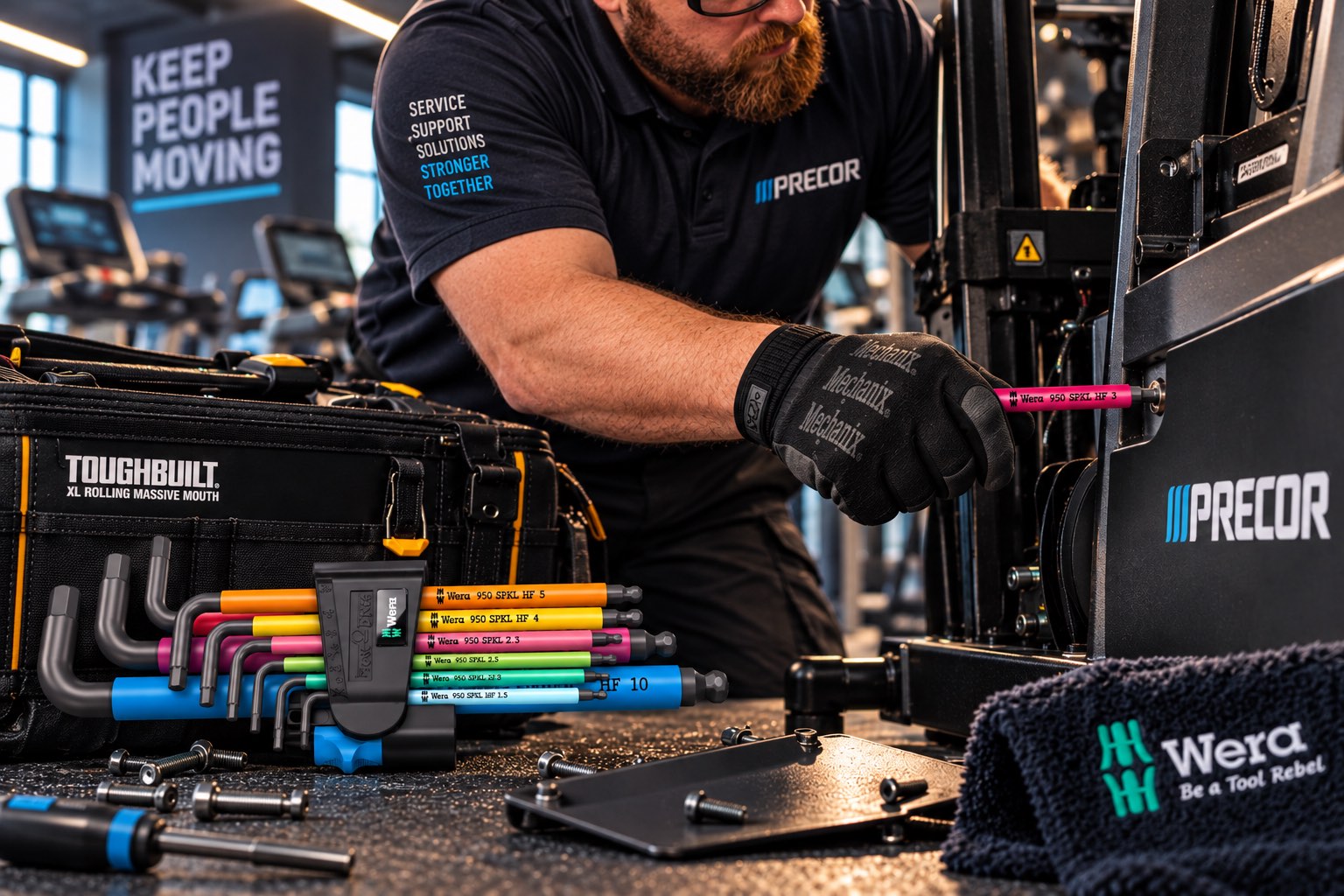 Using a Wera key on a machine frame, kneeling beside the open tool bag